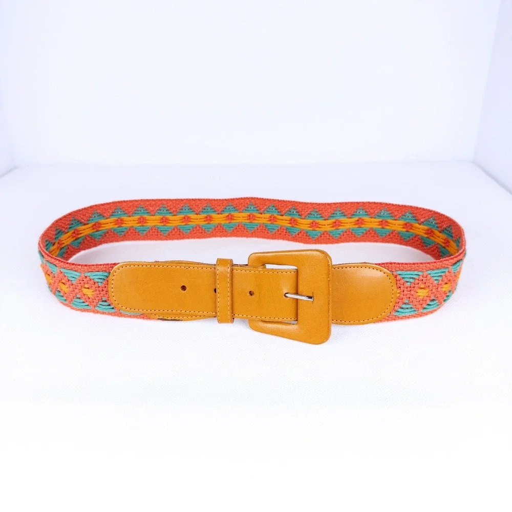 Boho Vintage Coral Turquoise Woven Textile Belt Leather Buckle Geometric 70s